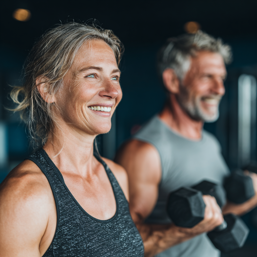 Active mature couple in their late forties exercising together in modern fitness studio, smiling and engaged in strength training workout