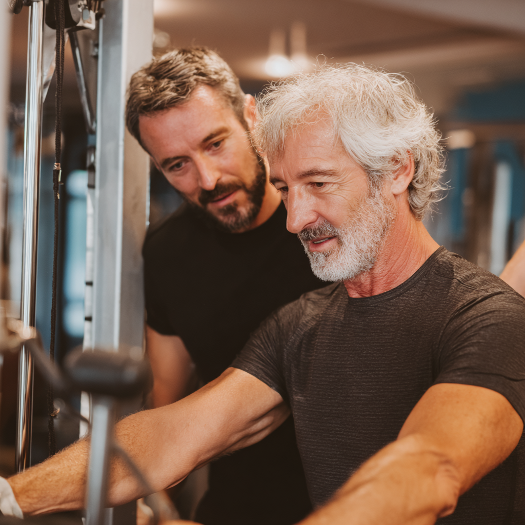 Experienced fitness trainer in their fifties working one-on-one with a mature client, demonstrating proper exercise form in a well-equipped gym environment