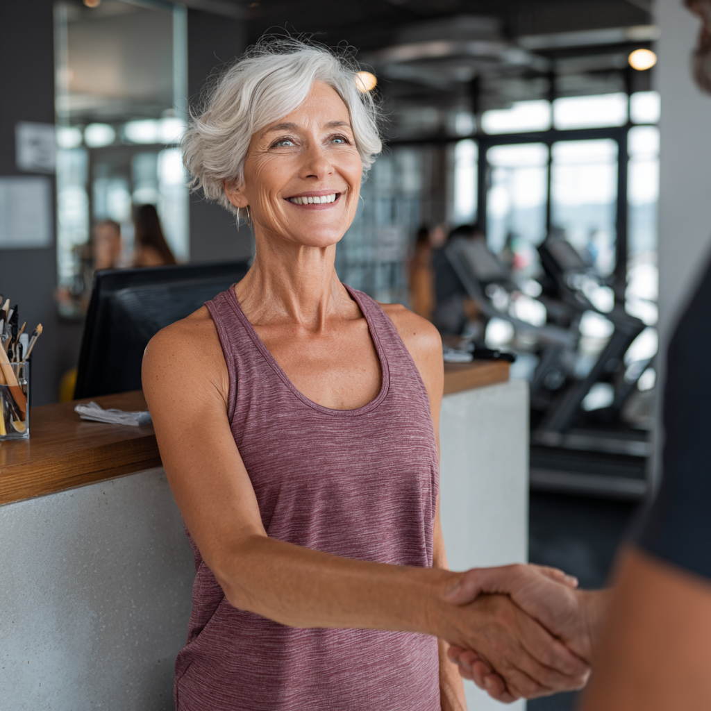 Friendly fitness instructor in their early fifties welcoming new members at grinador reception area with warm smile and professional demeanor